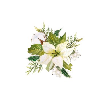 Puantiyeli suluboya Noel kompozisyonu, pamuk çiçeği ve kartlar, davetiyeler ve diğer tasarım unsurları için her zaman yeşil dallar.