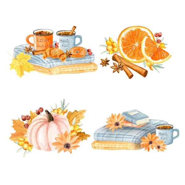 Watercolor sweet set with coffee mugs and croissant and donate. Autumn cups. Cinnamon and anise. Autumn cozy blanket with books and cup of coffee. Citrus slice with anise, orange and sea buckthorn