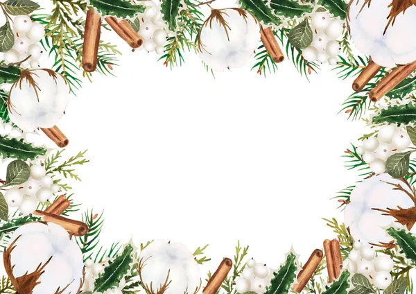 Marco Acuarela Navidad Blanca Con Flores Algodón Canela Aislada Ilustración — Foto de Stock
