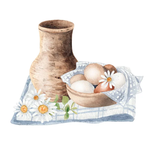 Süt ve ekmekle suluboya kahvaltı. Köyde yaz pikniği. Tasarım için çiftlik illüstrasyonu