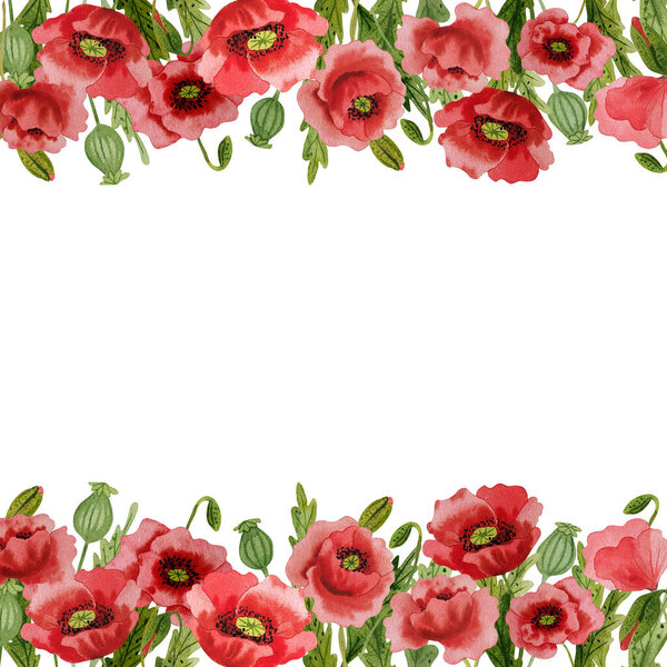 Акварельный красный мак изолированная рамка. Ручная раскрашенная иллюстрация с лугом красными цветами для оформления приглашений, открыток и другой печати