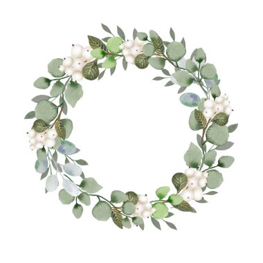 Suluboya kış yeşili düğün şablonu. Pastel yeşil ve gri yapraklı çiçek çelengi. Kış çiçekleri el çizimi. Kardudu, okaliptüs ve tebrik kartı ve davetiyeler için diğer yapraklar.