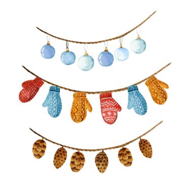 Suluboya yeni yıl çelenkleri. Noel oyuncakları, renkli örgü eldivenleri, çam kozalakları, kış ışığı. Ev dekoru unsurları elle izole edildi