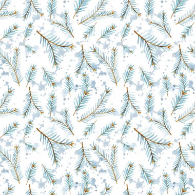 Elle çizilmiş suluboya mavi köknar dalları ve konileri ile kusursuz bir Noel deseni. Geleneksel unsurları olan bir Noel. Kış orman tasarımı