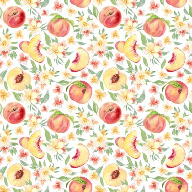Çiçek ve şeftalili suluboya, dikişsiz desen. Şeftali dilimleri ve pastel çiçek desenleri tekstil ve dijital kağıt için tasarlandı. Suluboya tatlı arkaplan.