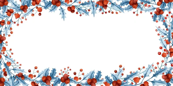 Akwarela Niebiesko Świąteczna Ramka Zimowa Granica Niebieskimi Gałęziami Czerwonymi Jagodami — Zdjęcie stockowe