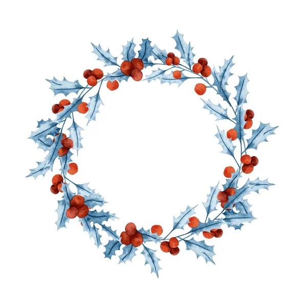 Akwarelowy Niebieski Świąteczny Wieniec Zimowa Granica Niebieskimi Gałęziami Czerwonymi Jagodami — Zdjęcie stockowe