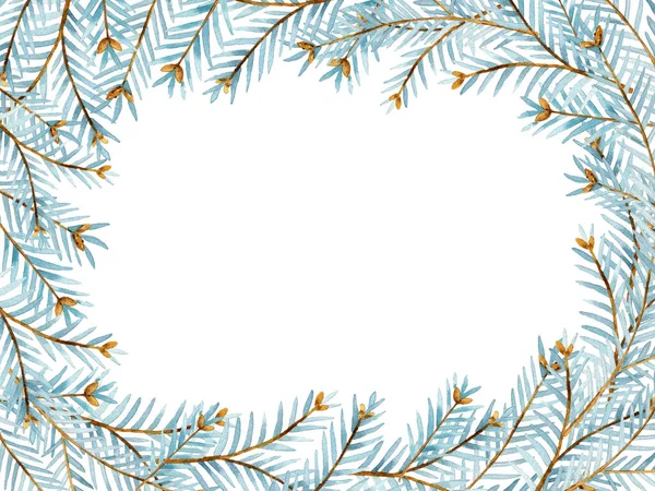 Marco Navidad Con Ramas Abeto Azul Acuarela Dibujado Mano Fondo — Foto de Stock