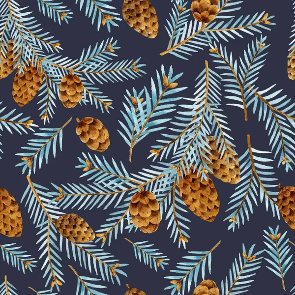 Patrón Sin Costuras Navidad Con Ramas Conos Abeto Azul Acuarela — Foto de Stock
