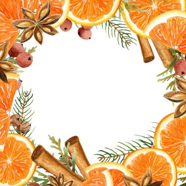 Süslü narenciye kare çerçeve. Beyaz arka planda köknar, ladin ve baharat dalları var. Kış mevsimi şarap elementleri. Tarçınlı çörek ve yıldız anason. Noel zaman şablonu