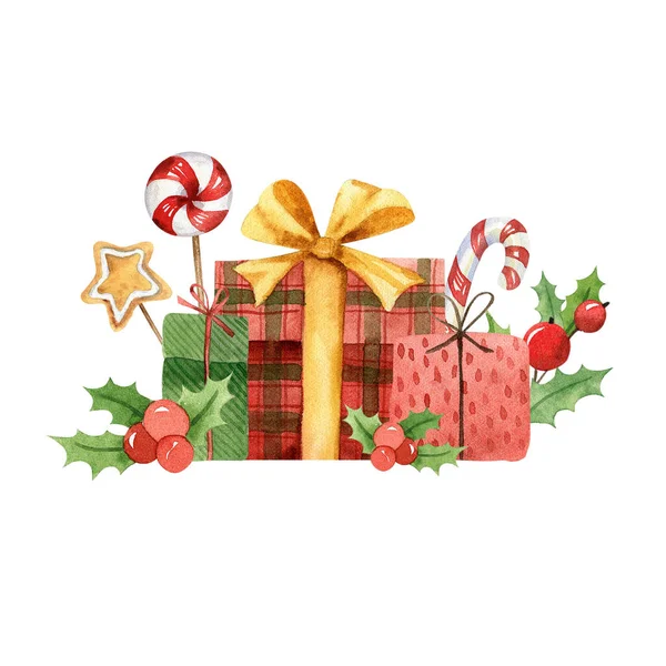 Ilustración Regalos Navidad Acuarela Elementos Tradicionales Celebración Roja Verde Cajas — Foto de Stock
