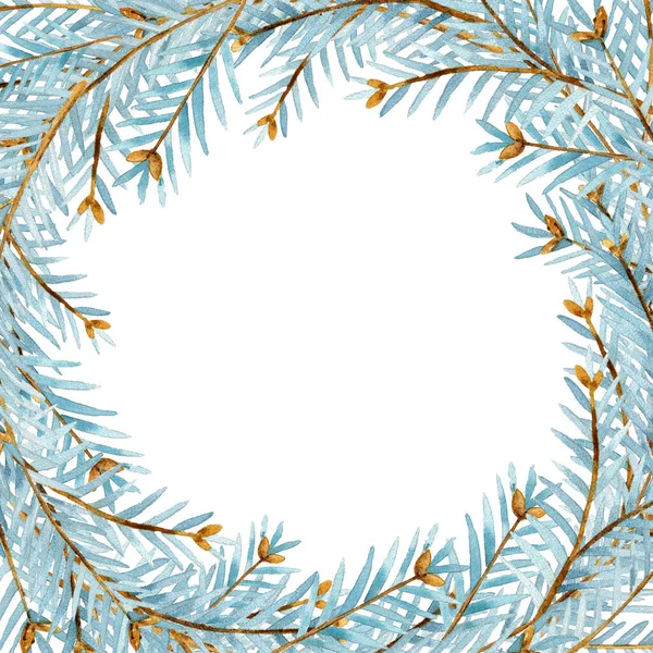 Marco Cuadrado Navidad Con Ramas Abeto Azul Acuarela Dibujado Mano — Foto de Stock