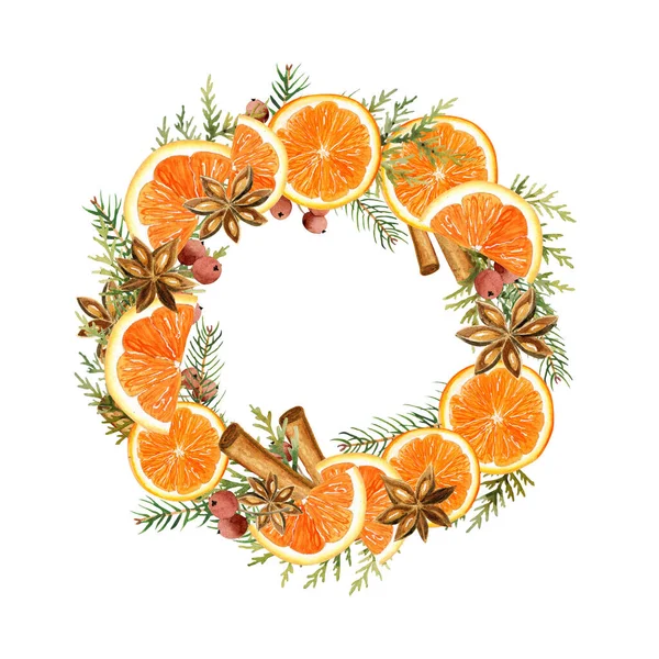 Anason, portakal ve ladin ile suluboya Noel çelengi. Vitamin ve sağlık. Kış sıcak içecek havası. Elle boyanmış şarap çelengi..