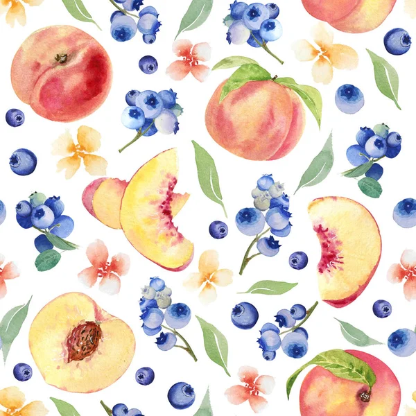 Padrão Sem Costura Frutas Aquarela Com Flores Pêssegos Fatias Pêssego — Fotografia de Stock