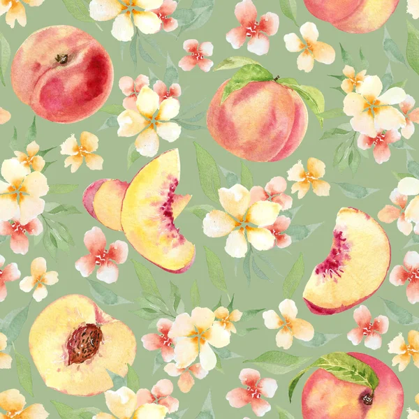 Akvarell Gyümölcs Zökkenőmentes Minta Virágok Őszibarack Barack Szeletek Pasztell Virágok — Stock Fotó