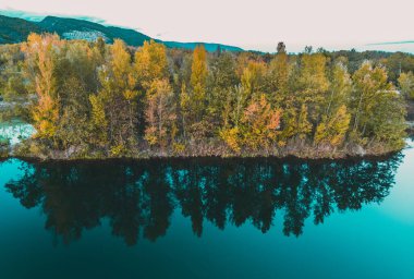 Sonbaharda ağaçların su yüzeyindeki yansıması, renkli sarı-turuncu yapraklar. Orman su yüzeyine yansıyor. Mavi turkuaz göl suyu.