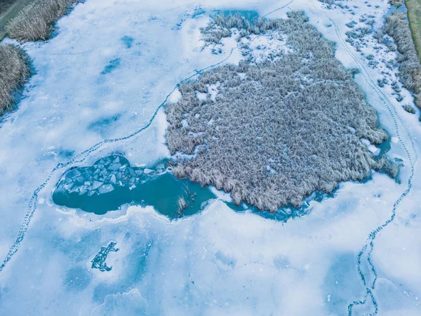 Panoramic aerial view of a frozen lake with animal footprints. Animal tracks on the frozen surface of the lake