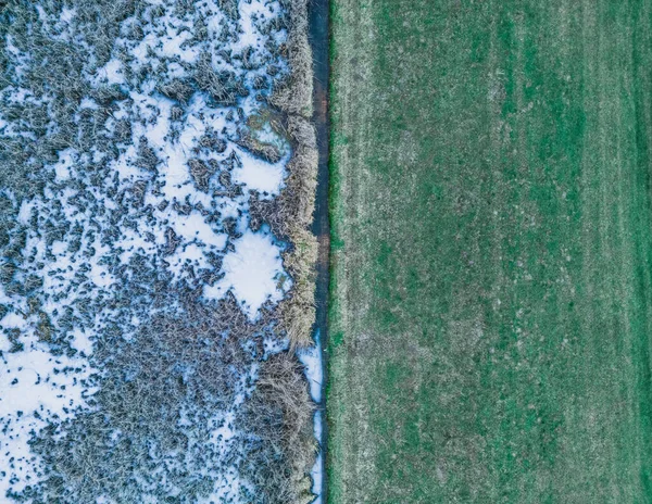 Aerial view of a frozen lake. Ice sheet background. Frozen grass on the lake. Ice background. Ice cover on a lake. Aerial view of frozen lake and shore covered with green grass