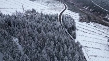 Panoramic winter view from above over the forest. Cinematic winter snowy rural asphalt road with cars driving through snowy forest. Forests covered with snow. Cinematic winter frosty landscape.