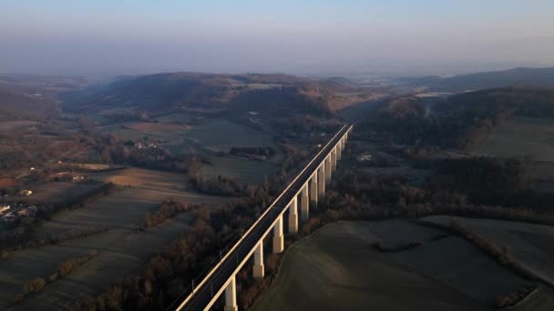 Panoramic Drone View Railway Viaduct High Speed Trains Overlooking Surrounding — Vídeos de Stock