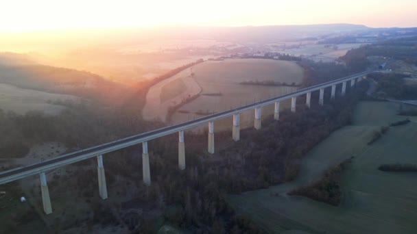 Panoramic Drone View Railway Viaduct High Speed Trains Overlooking Surrounding — Stock Video