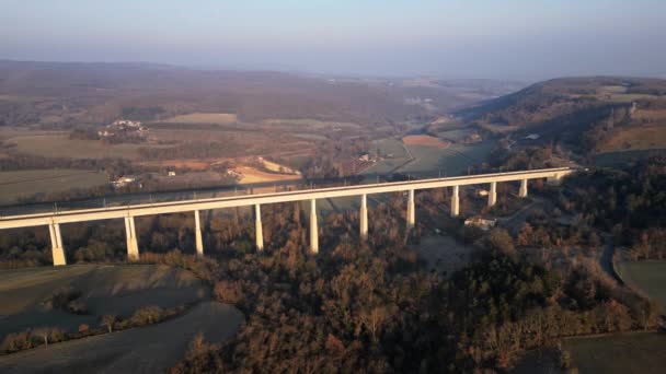 Panoramic Drone View Railway Viaduct High Speed Trains Overlooking Surrounding — Wideo stockowe