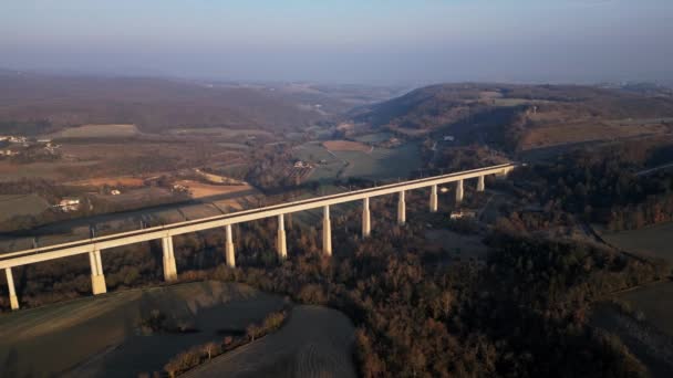 Panoramic Drone View Railway Viaduct High Speed Trains Overlooking Surrounding — Stockvideo