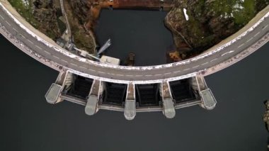 Panoramic drone view of The Grangent dam on the Loire river. Built between 1955 and 1957. Is located downstream of Aurec sur Loire in the surroundings of Saint-Etienne.
