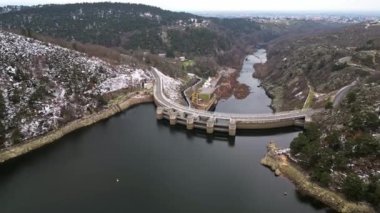 Panoramic drone view of The Grangent dam on the Loire river. Built between 1955 and 1957. Is located downstream of Aurec sur Loire in the surroundings of Saint-Etienne.