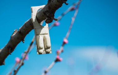 Loriol, Fransa - 17 Mart 2023: Feromon dağılımı - Çiftleşme bozulması yoluyla böcek öldürücü kontrol. Çiftleşmeye engel olarak şeftali bahçelerini zararlılardan koruyorum. BASF - Kimya Şirketi