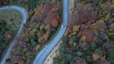 Günbatımında Col de Rousset 'ten görülen Vercors' taki dolambaçlı dağ yolu, güneydoğu Fransa 'daki Drome bölgesinde orman yamaçlarından geçen arabalar.