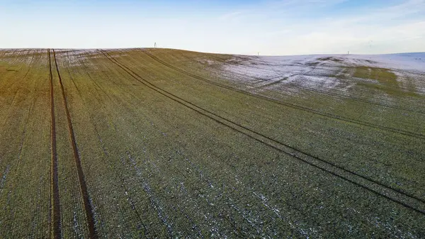 Kışın açık mavi gökyüzü altında kar yamaçları ve traktör lastik izleri olan tarım alanının havadan görünüşü.