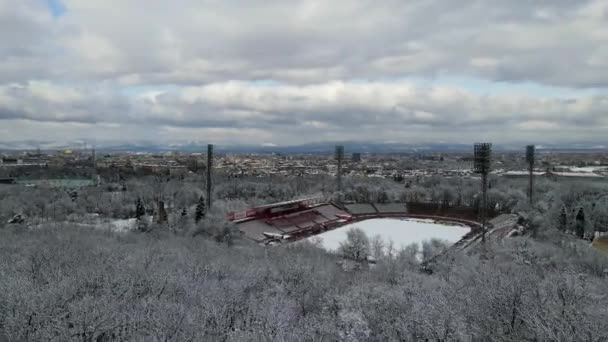 Légi Felvételek Egy Hóerdőről Szófiai Stadionról Bulgáriában Távolban Lévő Városi — Stock videók