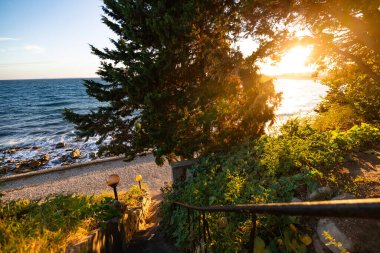 Bulgaristan 'ın Nessebar kentinde, deniz yeşili ağaçlar arasında gün batımında gökyüzünün güzel renkleri. Yüksek kalite fotoğraf