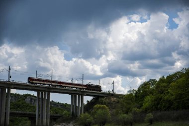 Köprüdeki bir tren dağa doğru gidiyor. Bir trenin yüksek kaliteli fotoğrafı.