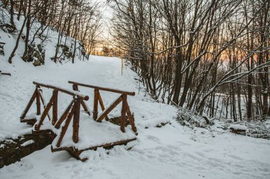 Bulgaristan 'ın Vitosha dağ parkındaki tahta köprü. Köprü karla kaplı. Kış zamanı. Güzel beyaz kar. Ağaçların arkasında gün batımı.