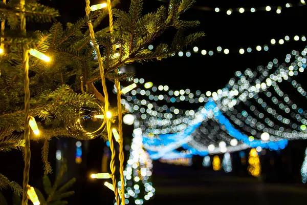 stock image Colorful lights in Burgas' city centre. Lights and decorations for Christmas holidays. Christmas trees with lights. High quality photo