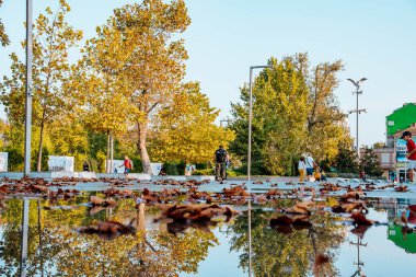 Burgaz, Bulgaristan 25,09,20: Yerdeki yağmur suyu gökyüzünü ve binaları yansıtıyor. Sonbahar yaprakları suya düştü. Yüksek kalite fotoğraf