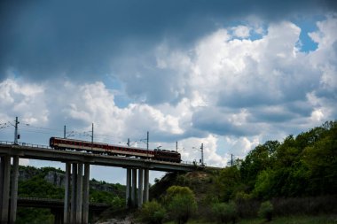 Köprüdeki bir tren dağa doğru gidiyor. Bir trenin yüksek kaliteli fotoğrafı.