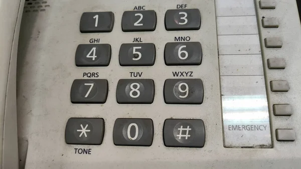 Primer Plano Los Botones Teléfono Blanco Número Teléfono Marcado — Foto de Stock