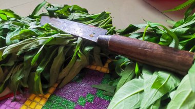 Taze yeşil yaprak ve tahta kesme tahtasındaki taze ıspanak.