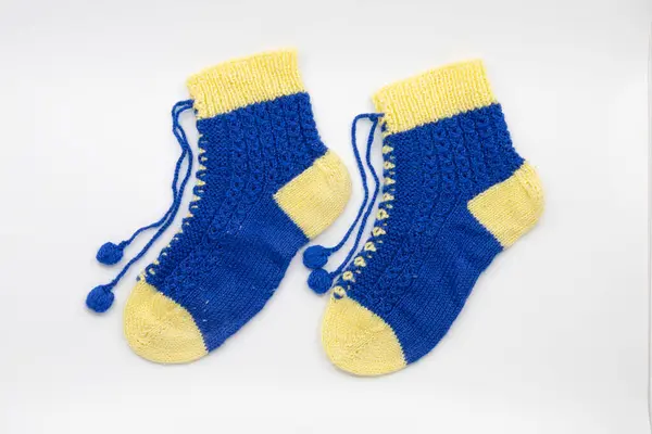 stock image Hand-Knitted Blue and Yellow Woolen Socks