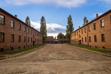 Oswiecim, Polonya - 3 Ağustos 2024: Auschwitz-Birkenau Nazi toplama kampı müzesi Polonya. Auschwitz Oswiecim II. Dünya Savaşı ve Yahudi Soykırımı sırasında işgal altındaki Polonya 'daki Yahudi hapishanesi