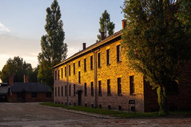 Oswiecim, Polonya - 3 Ağustos 2024: Auschwitz-Birkenau Nazi toplama kampı müzesi Polonya. Auschwitz Oswiecim II. Dünya Savaşı ve Yahudi Soykırımı sırasında işgal altındaki Polonya 'daki Yahudi hapishanesi