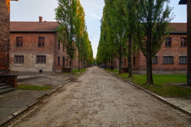 Oswiecim, Polonya - 3 Ağustos 2024: Auschwitz-Birkenau Nazi toplama kampı müzesi Polonya. Auschwitz Oswiecim II. Dünya Savaşı ve Yahudi Soykırımı sırasında işgal altındaki Polonya 'daki Yahudi hapishanesi