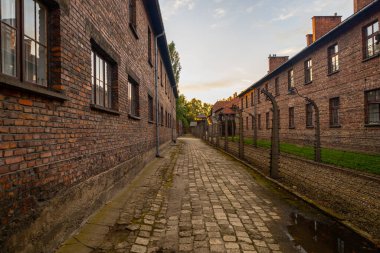 Oswiecim, Polonya - 3 Ağustos 2024: Auschwitz-Birkenau Nazi toplama kampı müzesi Polonya. Auschwitz Oswiecim II. Dünya Savaşı ve Yahudi Soykırımı sırasında işgal altındaki Polonya 'daki Yahudi hapishanesi