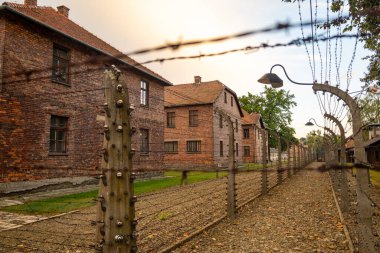Oswiecim, Polonya - 3 Ağustos 2024: Auschwitz-Birkenau Nazi toplama kampı müzesi Polonya. Auschwitz Oswiecim II. Dünya Savaşı ve Yahudi Soykırımı sırasında işgal altındaki Polonya 'daki Yahudi hapishanesi
