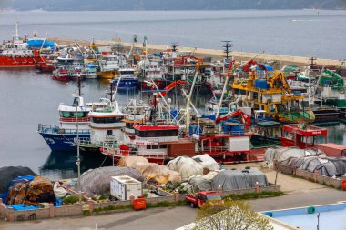 Bir limana çok sayıda tekne yanaştı. Tekneler kırmızı, mavi ve sarı dahil olmak üzere çeşitli boyutlarda ve renklerdedir. Liman hareketlilikle dolup taşıyor, insanlar etrafta dolanıyor.
