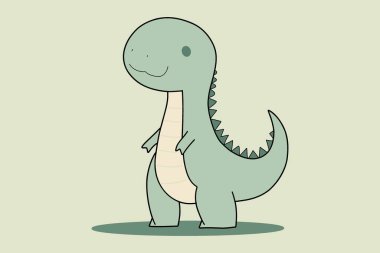 Bir karikatür dinozor. Dinozor küçük ve sevimli, yüzünde büyük bir gülümseme var. Görüntünün neşeli ve neşeli bir havası var.