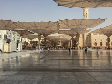 Medine 'de dev şemsiyelerle El-Mescid an-Nabawi avlusunda.